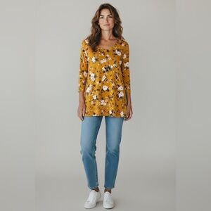 J. Jill Bell Sleeve Mustard Yellow Floral Blouse Size Large